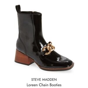 Steve Madden Loreen Boots Black Gold Chain Square Toe Wood Block Heel Size 9M